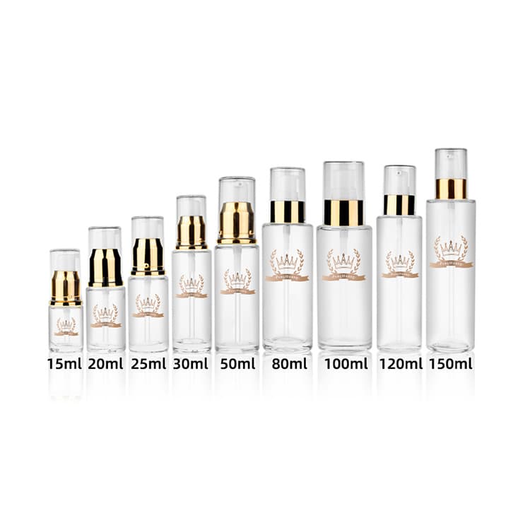 Cosmetic packaging — Factory Wholesale Cosmetic Clear Glass Lotion Sprayer Pump Bottle With Transparent Cap Gold Line On Pump