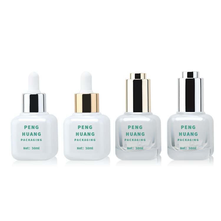 Cosmetic packaging — Luxury Flat Shoulder Square Thick White 30ml 1 oz Custom Cosmetic Packaging Serum Bottle with Dropper Cap