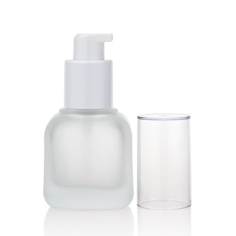 Cosmetic packaging — 30ml frost square cosmetic liquid foundation glass bottle with white cap