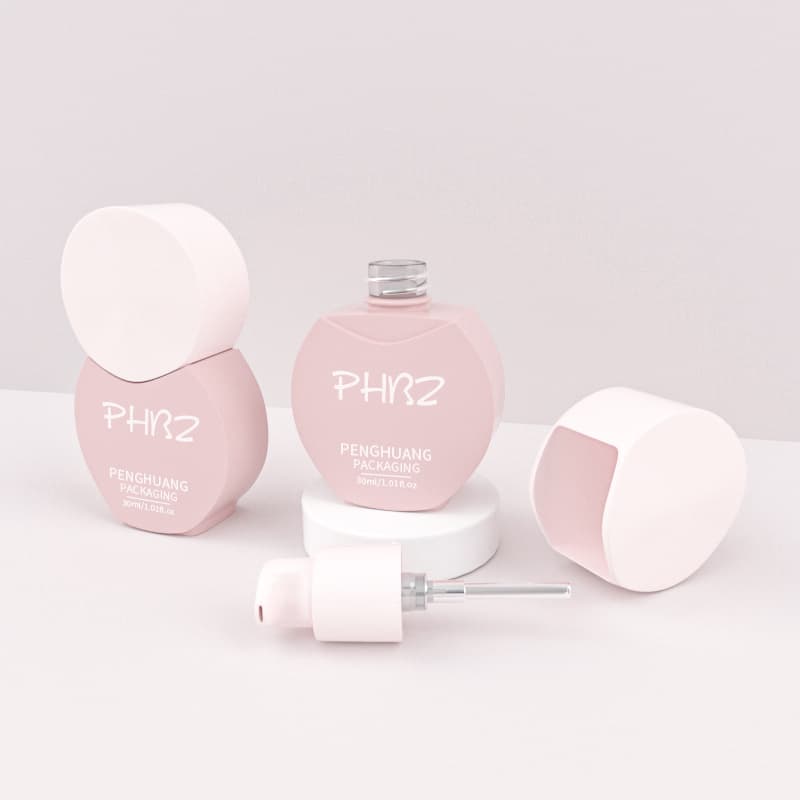 Cosmetic packaging — Custom 30ml Cute Pink Matte Liquid Foundation Bottle with round Cap Cosmetic Press Pump for Skin Care Cream and Facial Cleanser