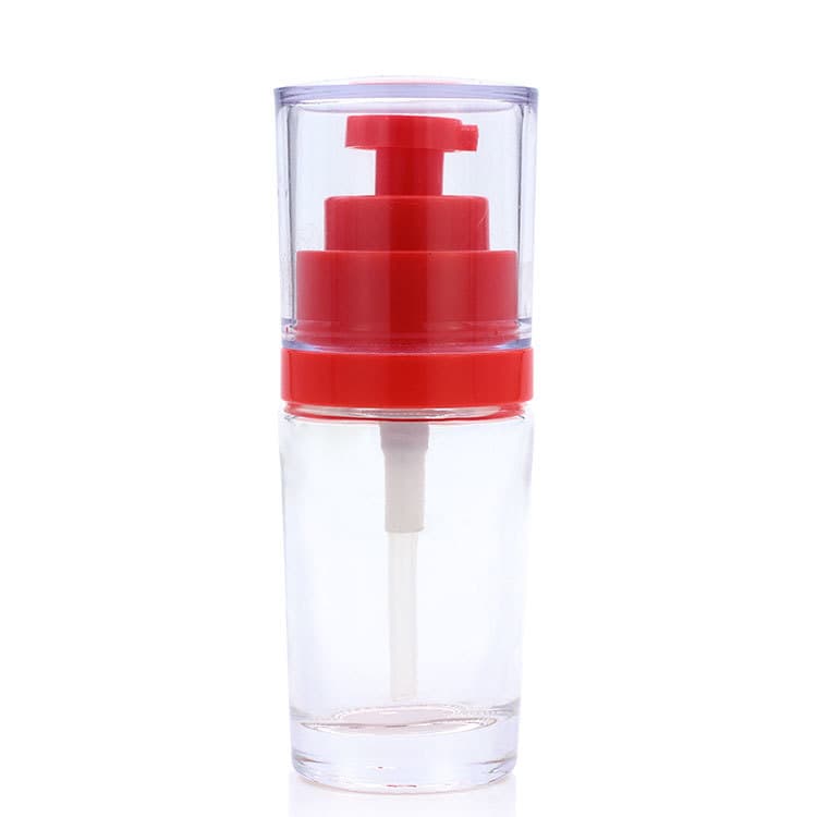 Cosmetic packaging — Customized design 30ml Irregular round glass bottle with Ladder pump plastic black red color avalivable