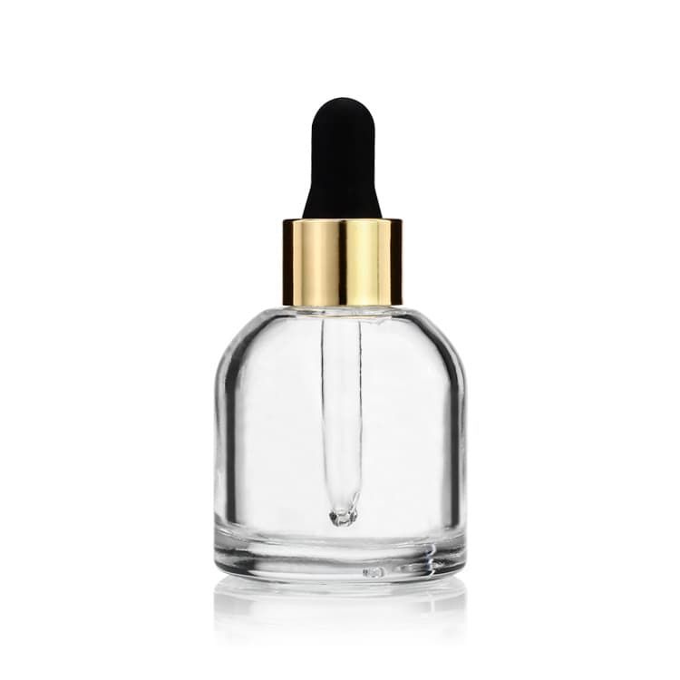 Cosmetic packaging — 30ml clear glass essential oil serum bottles with gold aluminium collar dropper cosmetic packaging