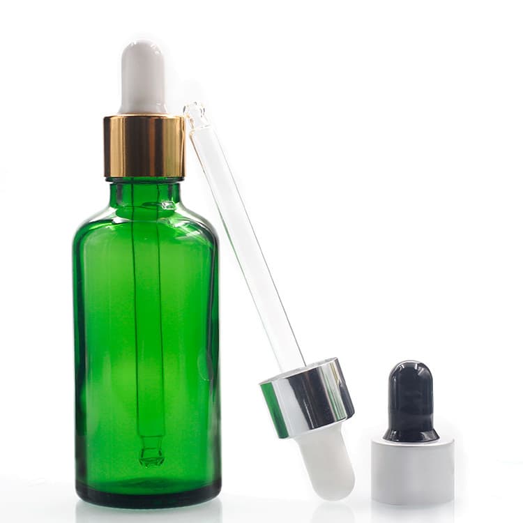 Cosmetic packaging — Manufacturers hot sale green color 50ml bottles for essential oils with Glass Dropper glass bottle
