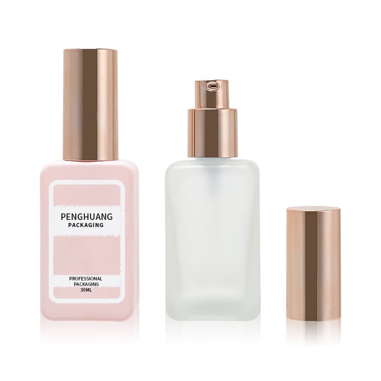 Cosmetic packaging — Wholesale Custom pink 35ml Glass Foundation Bottle Gold Lotion Pump square Skin Care Packaging Glass Cosmetic Bottle