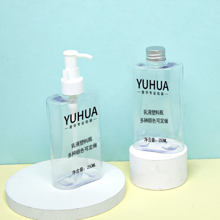 Cosmetic packaging — custom 250ml eco friendly body wash / fruit juice / lotion bottle with lid plastic shampoo bottle recycled plastic PET bottle