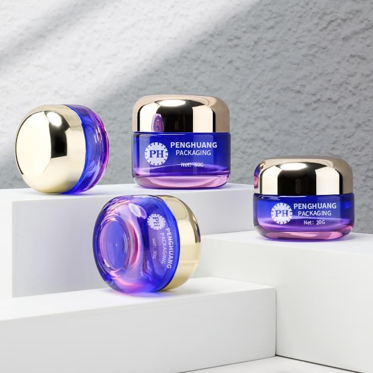 Cosmetic packaging — Fancy 15g 20g 30g 50g  Glass Cosmetic Jars Empty Cream Jar Frosted Glass Jar Container Gold Lids Blue Face Skincare Packaging