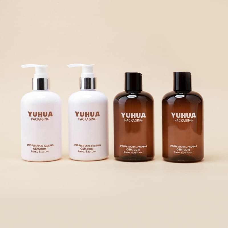 Cosmetic packaging — Reliable 250ml Round Amber PET Plastic Empty Bottle with Pump for Body Lotion Skin Care Serum Hair Shampoo Face Cream