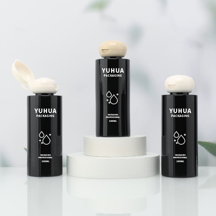 Cosmetic packaging — Manufacturer Skincare Packaging Black 100ml PET Plastic Flip Top Cap Bottle for Shampoo Body Lotion Makeup