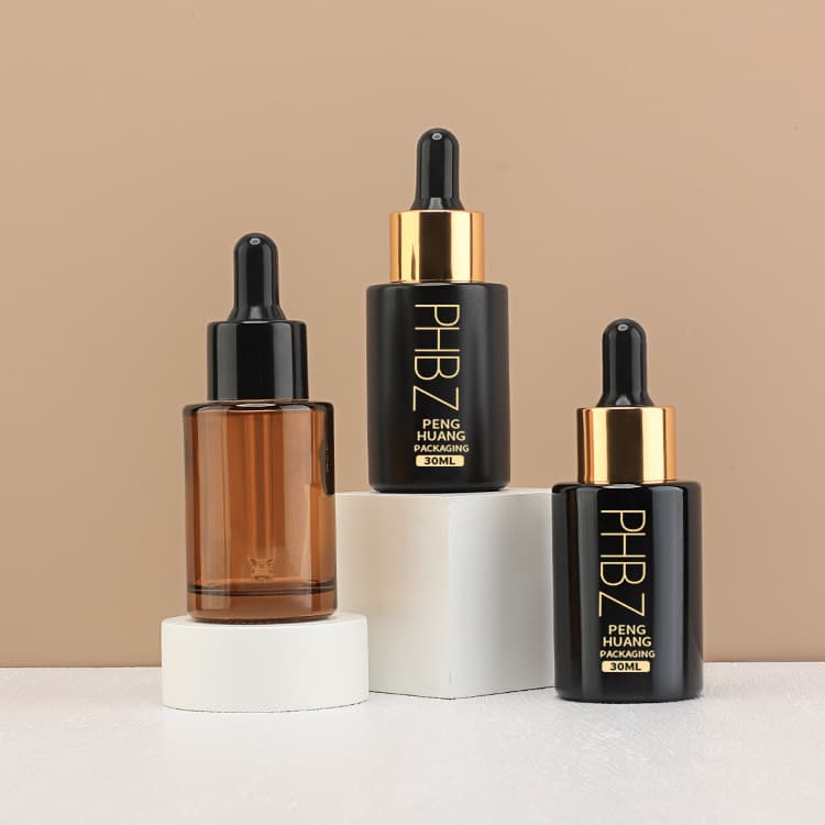 Cosmetic packaging — Custom 1oz 30ml Amber Black Glass Serum Bottle for Skincare Packaging Body Essential Hair Oil Moisture Dropper Eye Drop Bottles