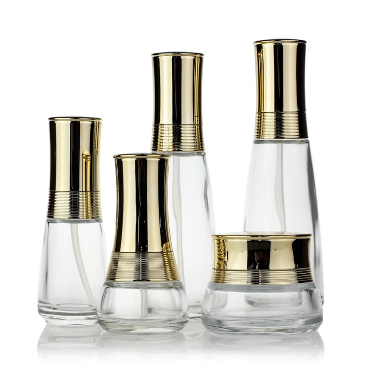 Cosmetic packaging — Clear Glass Bottle 30ml 40ml 100ml 120ml 50g Jar Cosmetic With Gold Cap And Pump