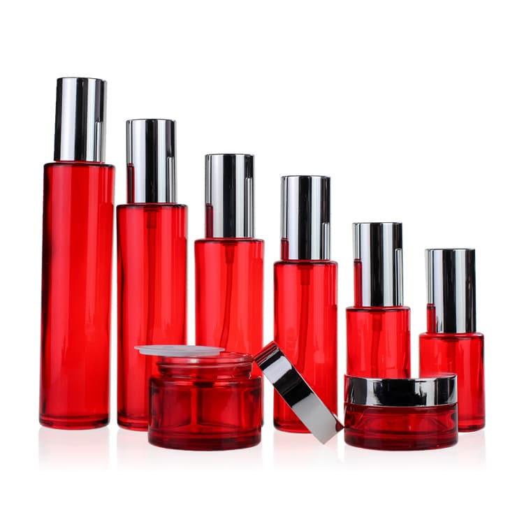 Cosmetic packaging — Wholesale Red Luxury Containers Portable Lotion Bottle Travel Cosmetic Packaging Set/Cream Jar And Lotion Bottle