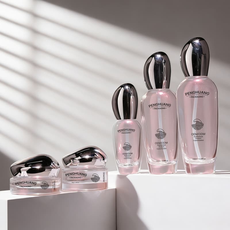 Cosmetic packaging — Premium Luxury Matte Pink Skincare Bottle Set Sliver Cap 40/100/120ml Lotion Pump 30/50g Face Cream Jar Glass Cosmetic Packaging