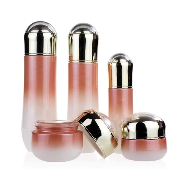 Cosmetic packaging — 40ml/100ml Custom Color Gradient Pink Glass Lotion Bottles Set Container Glass Jar Manufacturers Spray Pump Cosmetic Packaging