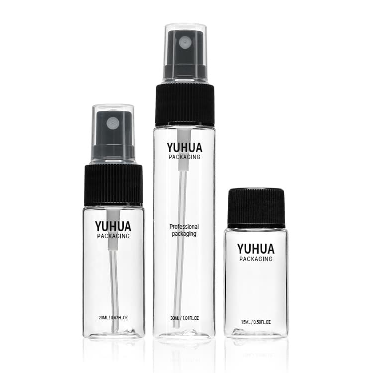 Cosmetic packaging — Factory Manufacturer 15ml 20ml 30ml Portable Recycled PET Plastic Travel Cosmetic Size Spray Hydrating Bottles