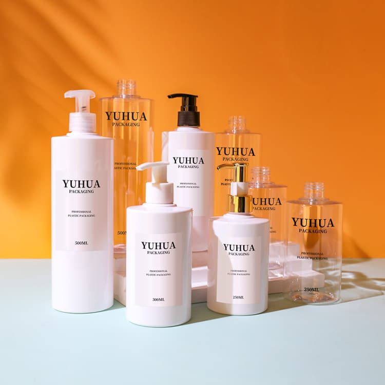 Cosmetic packaging — Skincare Packaging Plastic 500ml PET Flap Shoulder Cylinder Round Bottle with Different Press Lotion Pump Plastic Shampoo Bottle