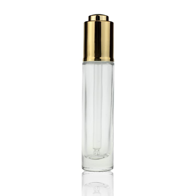 Cosmetic packaging — 25ml round clear cosmetic serum press cap bottles with dropper