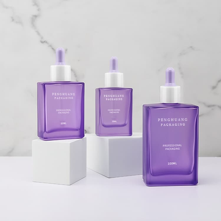 Cosmetic packaging — Supplier 30ml 50ml 100ml square Purple Amber Empty Glass Essential Oil Dropper Bottle 30ml square Glass Serum Bottle