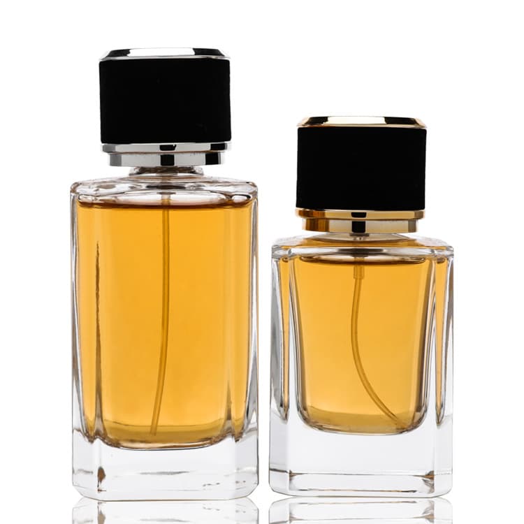 Cosmetic packaging — New Styles Transparent Glass Fragrance Bottle Luxury Square Shape 50ml Thick Bottom Glass Perfume Bottle with Aluminum Spray