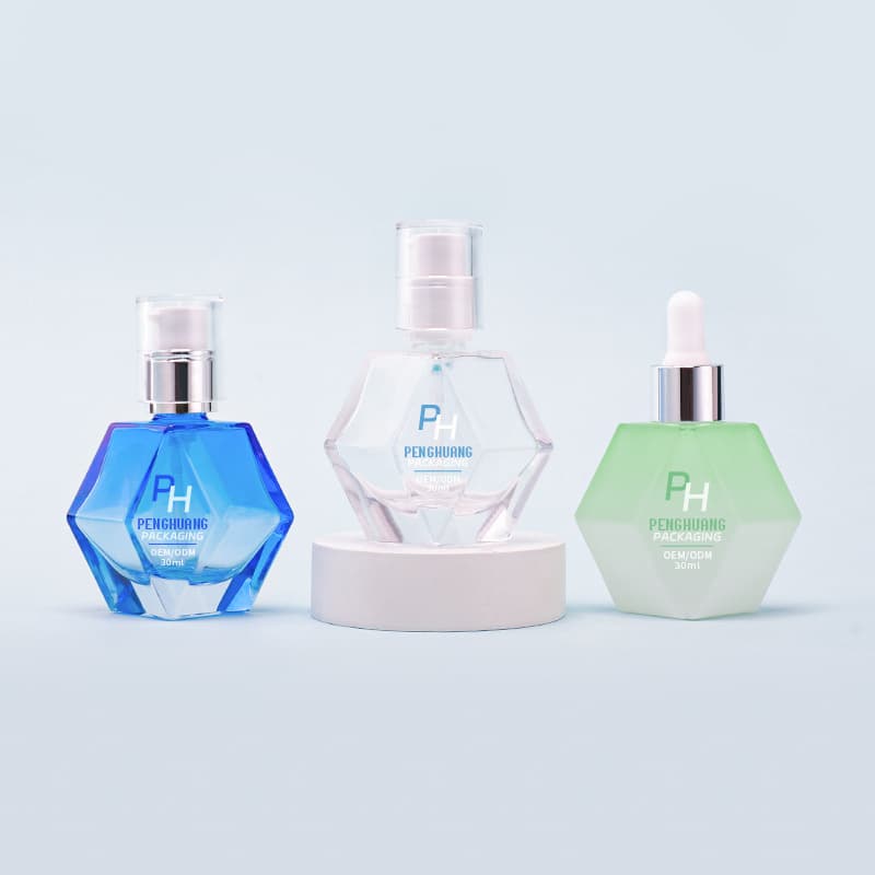 Cosmetic packaging — Wholesale 30ml Custom Hexagon Shape Glass Serum Bottle for Foundation Cosmetic Skincare Packaging for Skin Care Cream