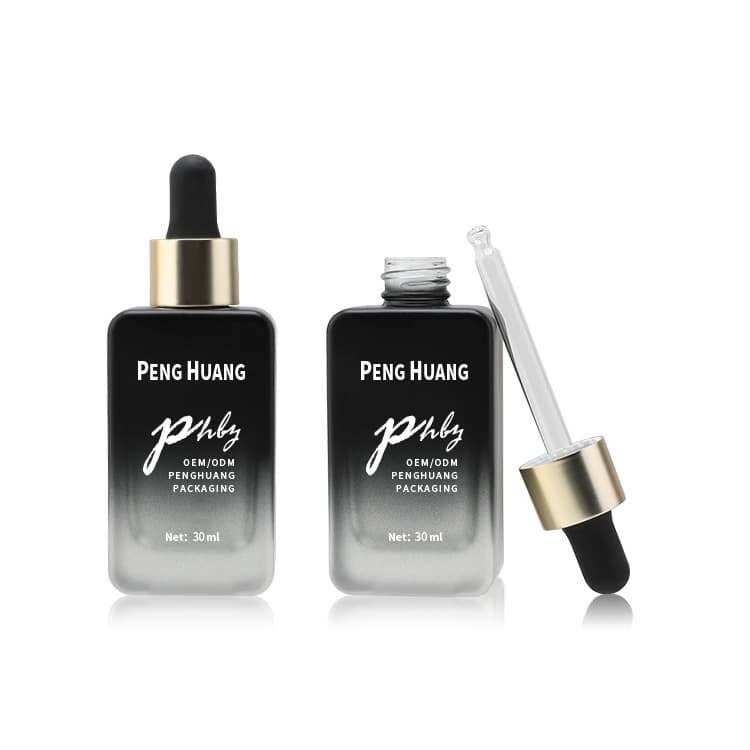 Cosmetic packaging — Custom Blue 1oz 30ml Glass Serum Bottle Luxury Black Square Dropper Square Skincare Packaging Essential Oil Bottle Glass