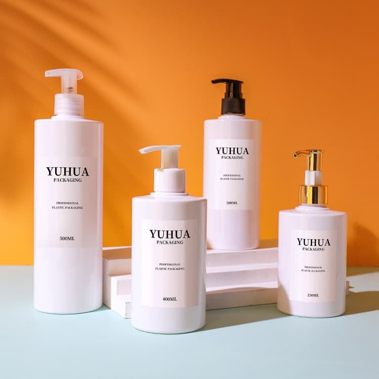 Cosmetic packaging — skincare packaging plastic 250ml PET flap shoulder cylinder round bottle with different golden press lotion pump shampoo bottle