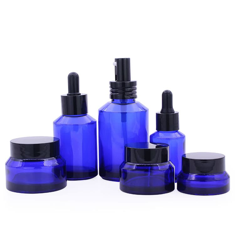 Cosmetic packaging — Blue  Glass Lotion Bottle 30ml/60ml/100ml/120ml Custom Cosmetic Packaging Bottles Set Container Manufacturers
