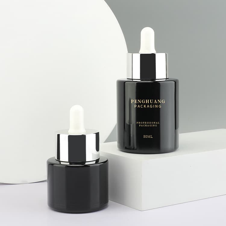 Cosmetic packaging — Custom logo Black Serum Bottle 20ml 50ml Cosmetic Glass Bottle Packaging Face Cream Dropper Bottle Skincare Packaging