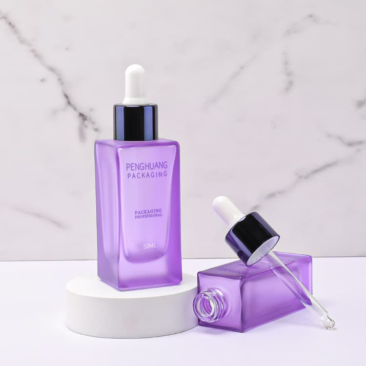 Cosmetic packaging — Wholesale Custom Logo 30ml 50ml square Purple Essential Oil Bottle Frosted Glass Dropper Serum Bottles for Essence