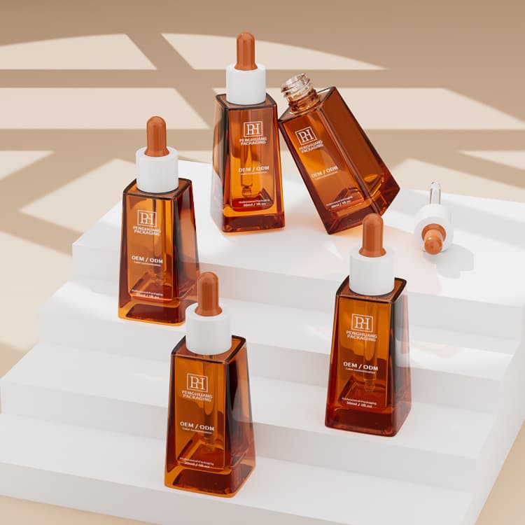 Cosmetic packaging — Ladder Shape Glass Serum Bottle Hair Serum Bottle Amber Green Painting Cosmetic Packaging 30Ml Oil Dropper Bottle