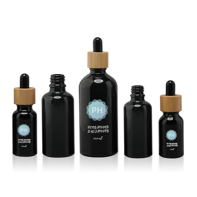 Cosmetic packaging — Wholesale glass dropper bottle with bamboo collar serum bottle black 15ml 20ml 30ml 50ml 100ml 1oz glass essential oil bottle