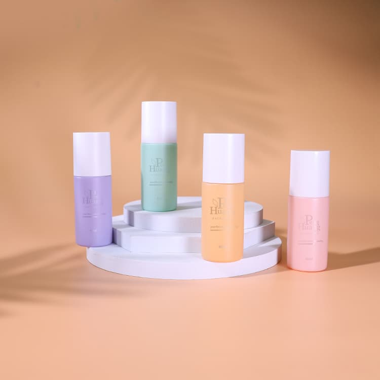Cosmetic packaging — Multicolor Skincare Packaging 40ml Empty Pink Color Coemstic Serum Bottle White Cap Flat Shoulder Lotion Press Pump Glass Bottle