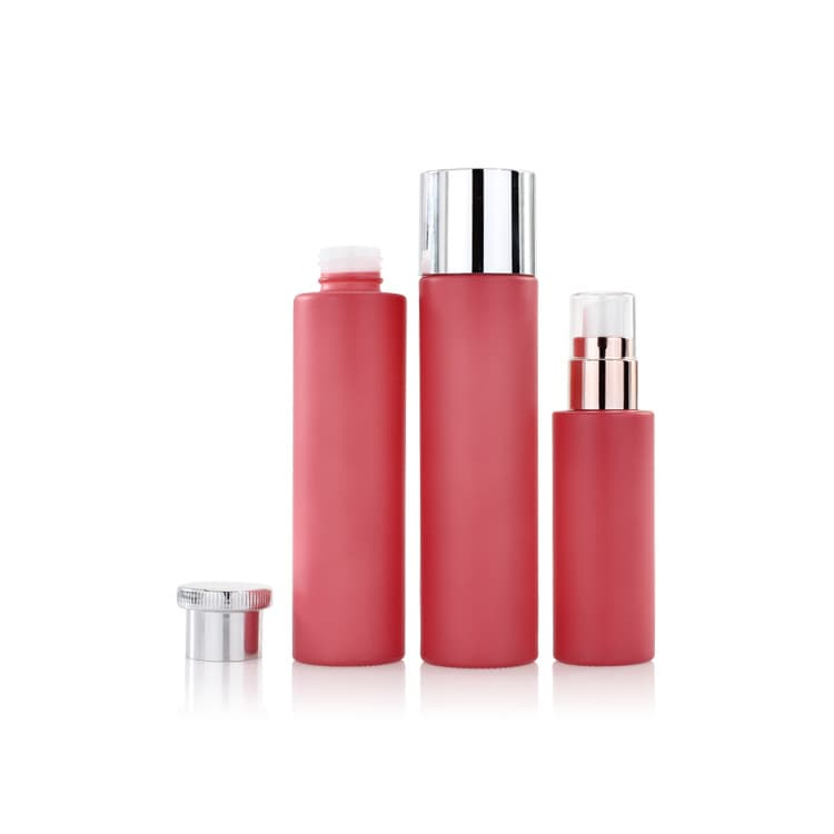 Cosmetic packaging — 50ml 80ml 100ml Red Cosmetic Lotion Packaging Liquid Foundation Cream Glass Bottles Set With Silver Aluminum Cap
