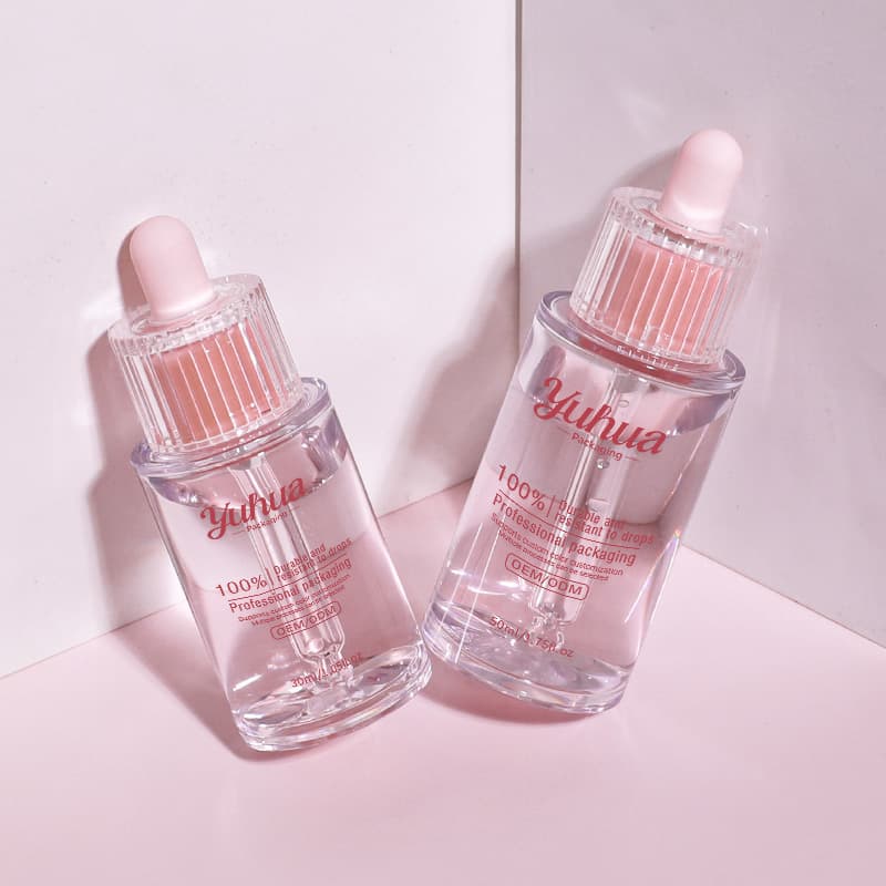 Cosmetic packaging — Eco Friendly High Quality Flat Shoulder PETG 30ml/50ml Serum Lotion Bottle Custom Logo Pink Transparent Dropper Skin Care Serum