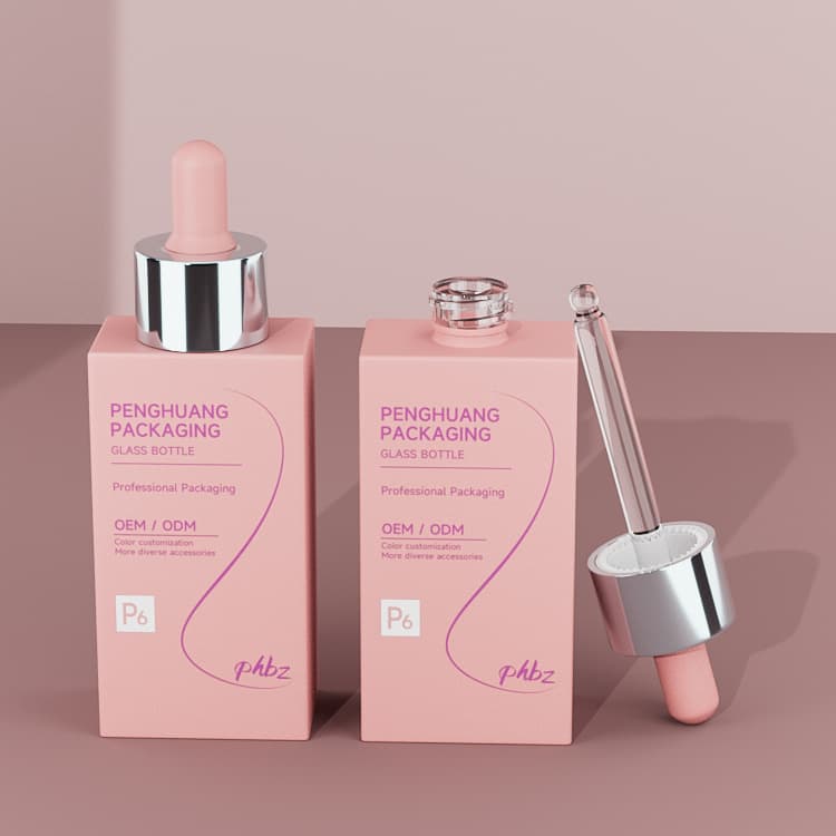 Cosmetic packaging — Custom Glass Oil Bottle 30ml 1oz Cosmetic Pink Empty Hair Oil Serum Bottle Flat Square Rectangle Essential Oil Dropper Bottles