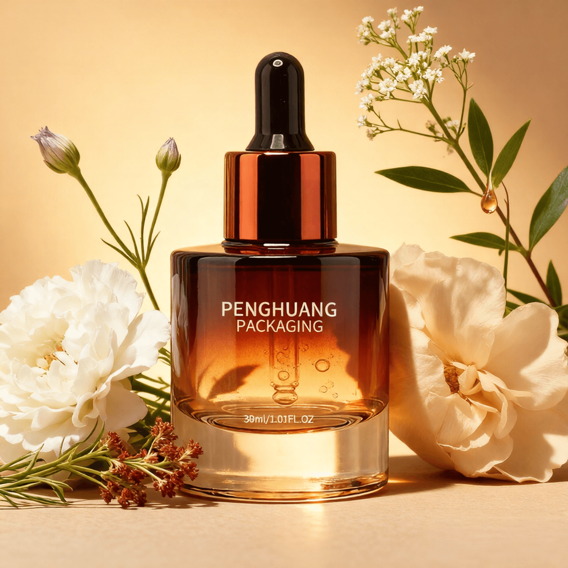 Cosmetic packaging — Round Amber 1 OZ Thick Bottom Oil Dropper Bottle for Essential Oil Skincare Packaging 30ml 50ml Recycled Glass Serum Bottle