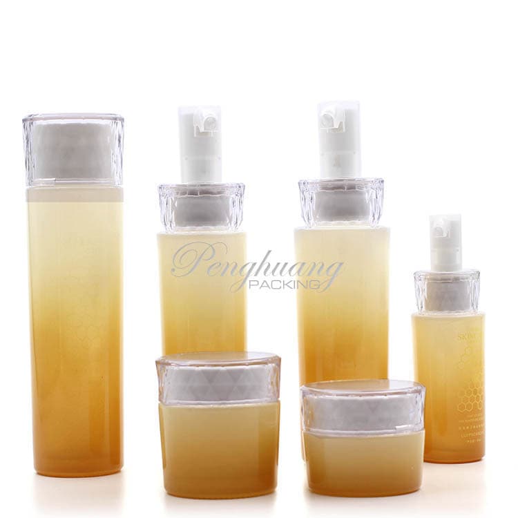 Cosmetic packaging — High Quality Empty Cosmetic Bottle Skin Care Cream Jar Light Yellow Glass Cosmetic Jar and Bottle Set with Pump Cap