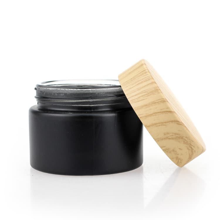 Cosmetic packaging — 30g 50g Frost Black Cosmetic Face Cream Glass Jar with Wooden Bamboo Lid