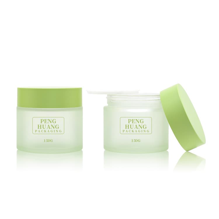 Cosmetic packaging — Green Frosted Glass Jar Flat Cap Cosmetic Glass Cream Jar Container 80g 100g 150g 200g Wide Mouth Glass Cosmetic Jars
