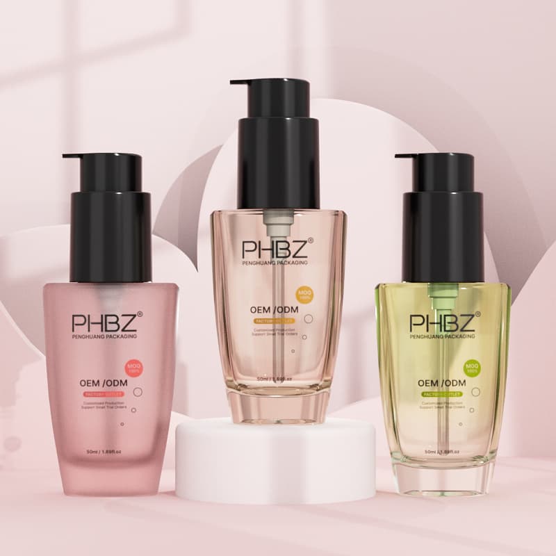 Cosmetic packaging — 50ml Flat Round Glass Cosmetic Pump Bottle for Hair Oil Skin Care Cream Facial Lotion Serum Bottle