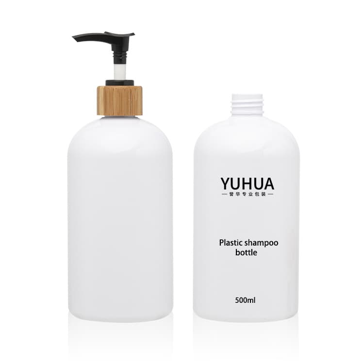 Cosmetic packaging — Best Selling 200ml 250ml 480ml 500ml PET White Round Bottle with Wooden Pump and Cap