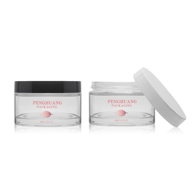 Cosmetic packaging — Customized Thickness Empty Skincare Container Jar 200g clear Glass Cream Jar with Black and pink Cap