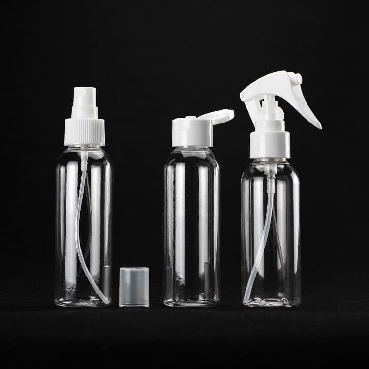 Cosmetic packaging — Hot-sale 100ml clear cosmo round bottle with pump sprayer and lid 24/410