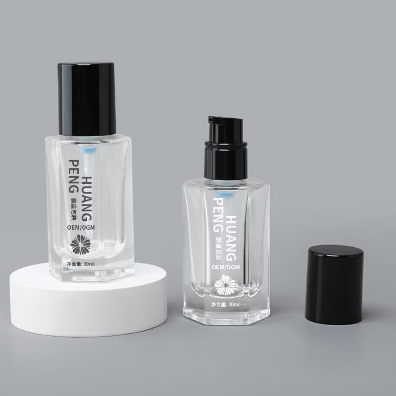Cosmetic packaging — 30ml Custom Hexagon Shape Glass Foundation Lotion Pump Bottle Wholesale Cosmetic Skincare Packaging for Face Care Cream