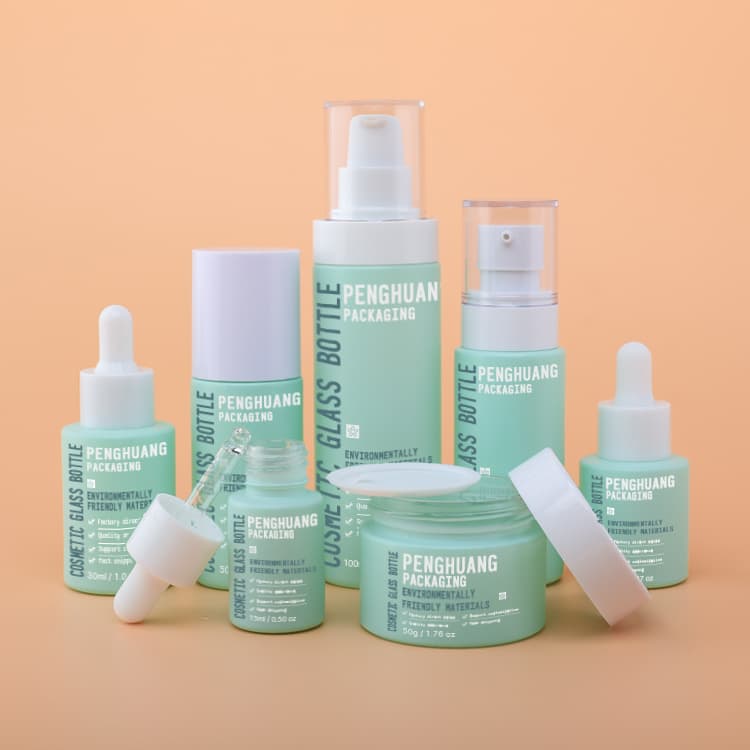 Cosmetic packaging — Factory Skincare Glass Bottle and Jar 100/60/50/30/20/15ml Cyan Glass Lotion Pump Bottle Empty Refillable Cosmetic Packaging Set