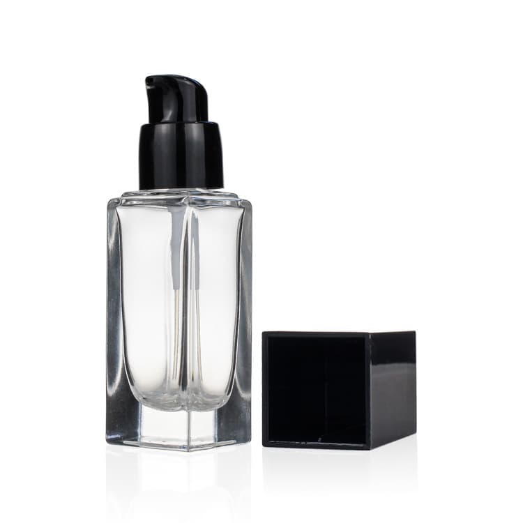Cosmetic packaging — 15ml 20ml 30ml 40ml square rectangle cosmetic foundation bottle with black cap black pump