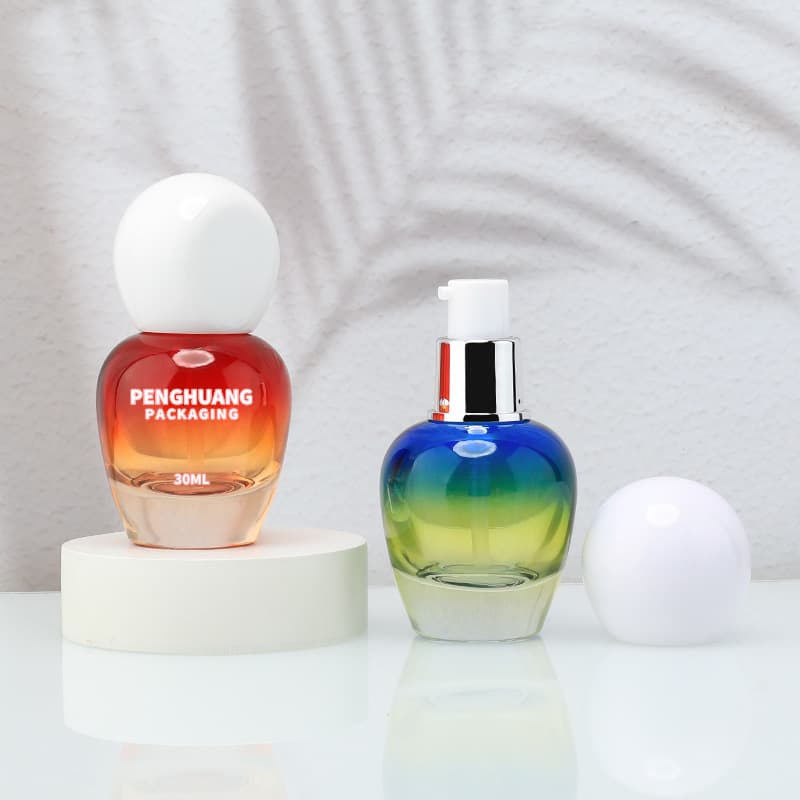 Cosmetic packaging — Wholesale 30ml Gradient Color Glass Foundation Bottle with Dropper Cosmetic Skincare Packaging Container Lotion Bottle