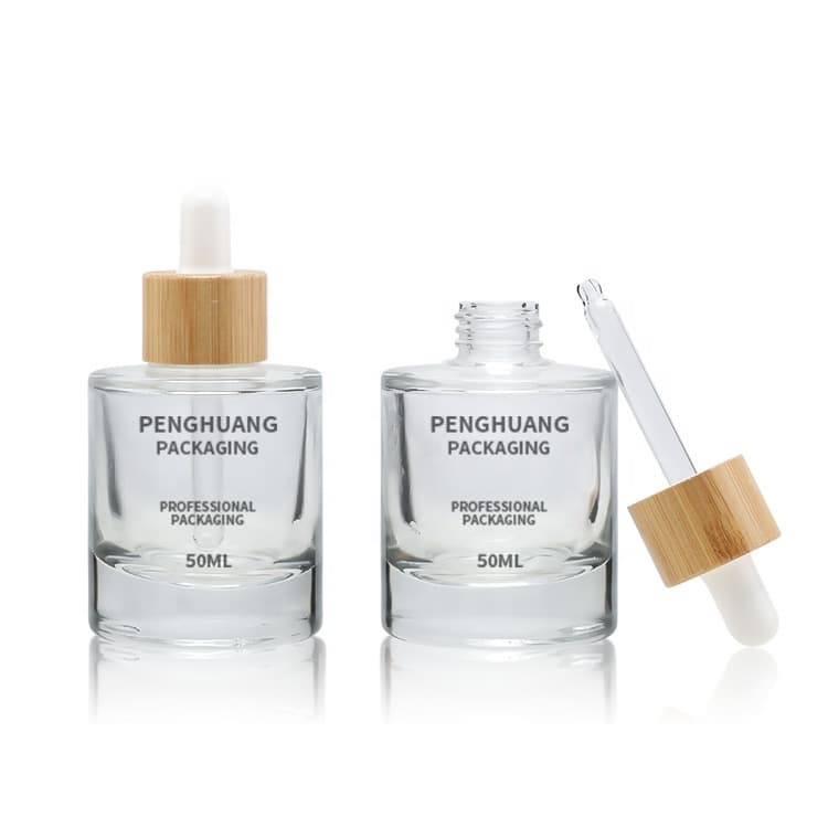Cosmetic packaging — Luxury Clear Glass Face Serum Dropper Bottle with Bamboo Lid Essential Body Oil Eye Drop Packaging