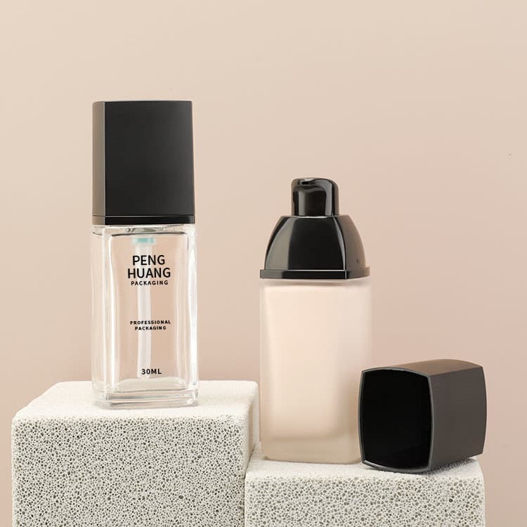 Cosmetic packaging — Hot Sale Empty Square 30ml Glass Liquid Foundation Bottle with Black Pump and Cap Custom Empty Rectangle Lotion Serum Bottles
