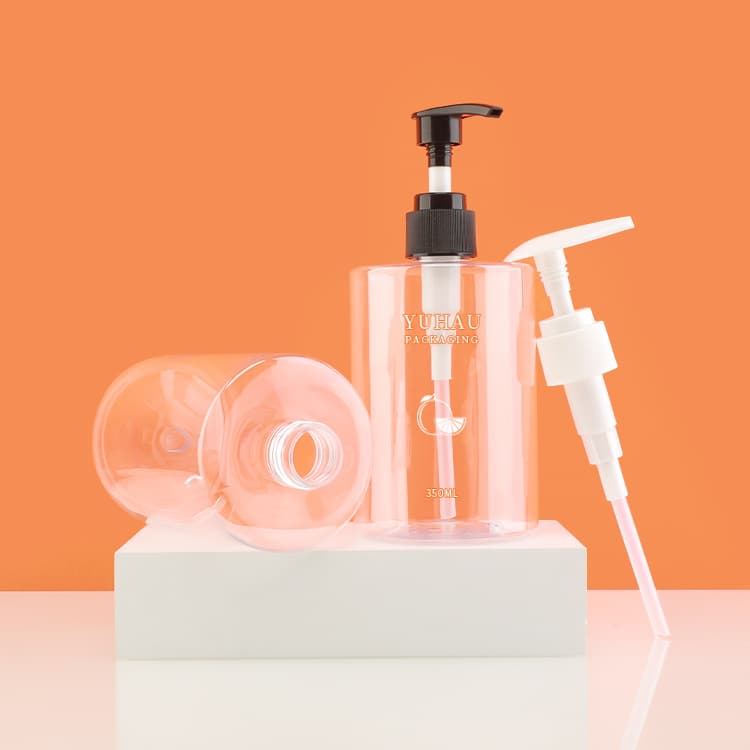 Cosmetic packaging — Accept Custom 350ml Flat Shoulder Round Bottom Pet Plastic Bottles for Shampoo