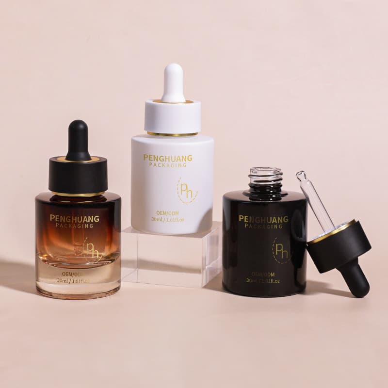 Cosmetic packaging — Amber Custom Color Flat Shoulder 1oz 30ml Eye Essential Oil Bottle with Dropper Empty Thick Bottom Round Glass Serum Bottles